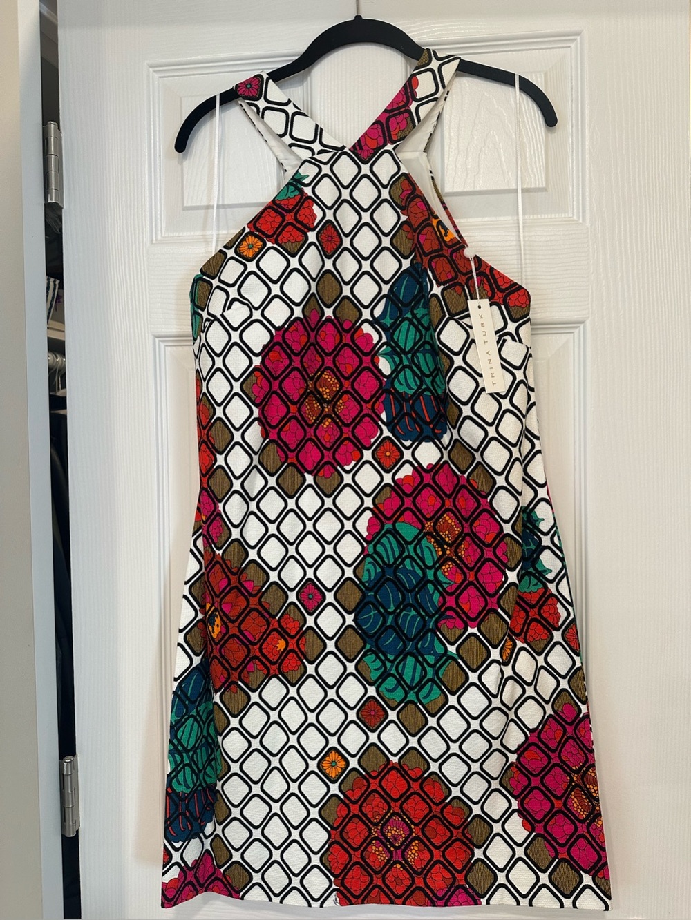 Trina Turk White Print Dress with Pink, Teal, Red & Orange Mosaic Print.